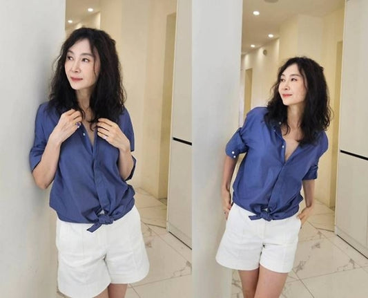 Chae Shi-ra Dazzles Fans with Natural Beauty in Stylish Button-Down Shirt and Shorts Look