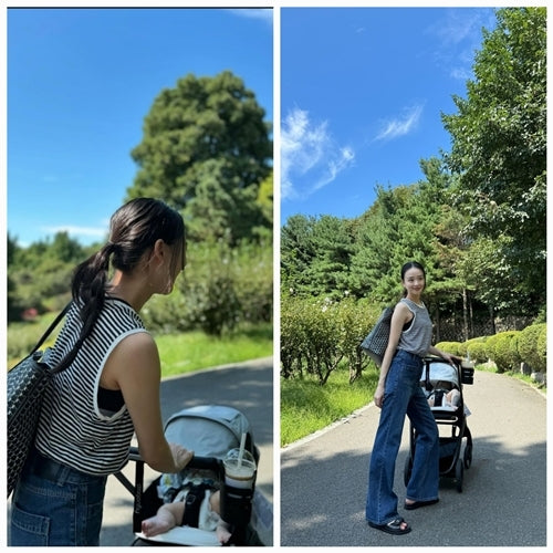 Rhythmic Gymnastics Star Son Yeon-jae Embraces Relaxed Parenthood While Pushing a Stroller in the Park