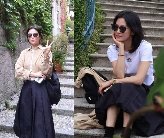 Song Hye-kyo Stuns in Simple White Tee and Black Skirt While Enjoying a Relaxing Getaway in Italy